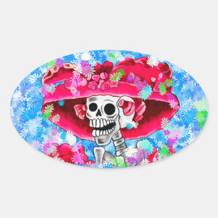 Sticker Ovale Rire Skeleton Woman en Bonnet rouge sur Bleu