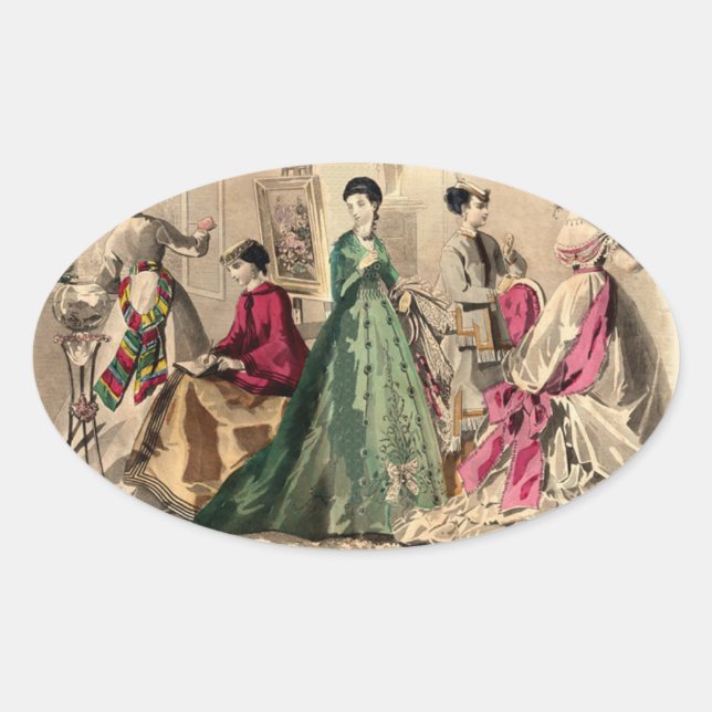 Sticker Ovale Robe victorienne avec l'arc rose (Devant)