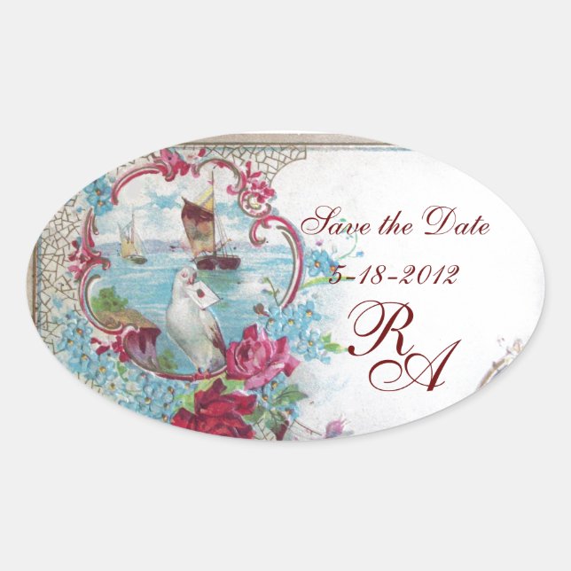 Sticker Ovale ROMANTICA MONOGRAM, Enregistrer la date, Blanc (Devant)