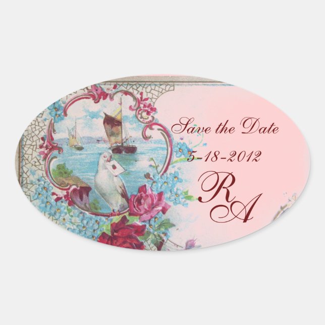 Sticker Ovale ROMANTICA MONOGRAM, Enregistrer la date, rose (Devant)