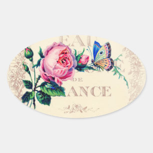 Sticker Ovale Rose et papillon sur l'antique parfum français éti