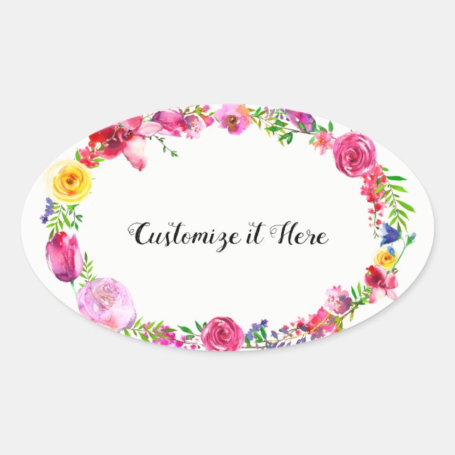 Sticker Ovale Rose Purple Vert Fleurs Printemps Floral Moderne (Devant)