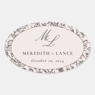 Sticker Ovale Rose rose et noir Monogramme mariage Faveur