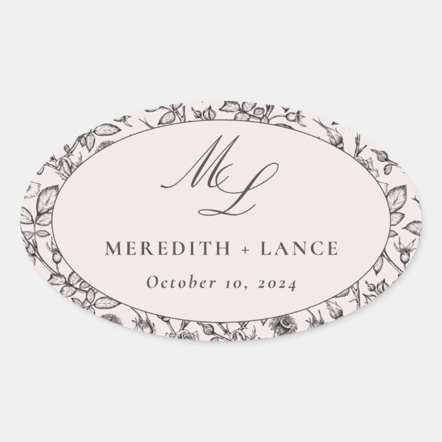 Sticker Ovale Rose rose et noir Monogramme mariage Faveur (Devant)