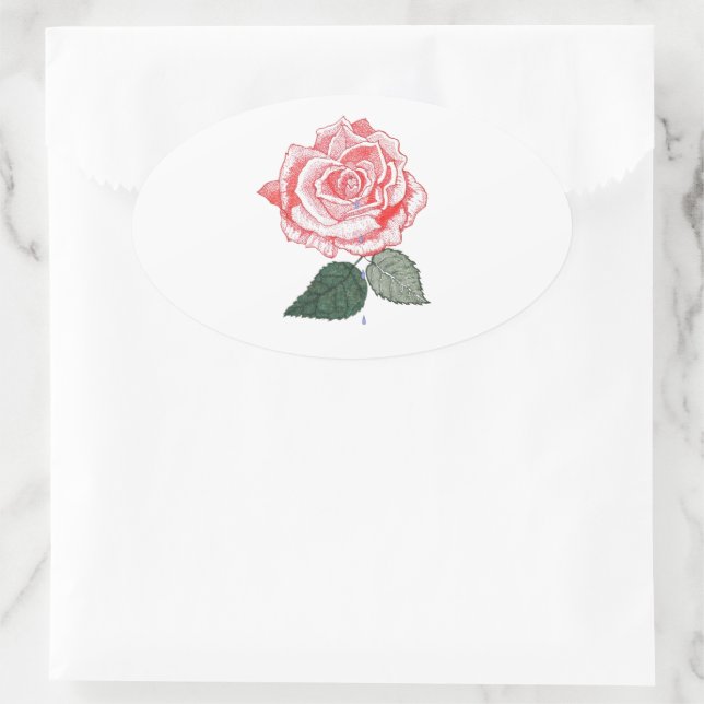 Sticker Ovale Rose rouge avec Dew gouttes de tomber des pétales (Sac)