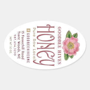 Sticker Ovale Rose sauvage 32 oz Queenline Jar Raw Miel local ro
