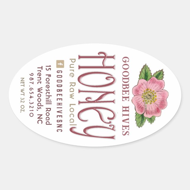 Sticker Ovale Rose sauvage 32 oz Queenline Jar Raw Miel local ro (Devant)