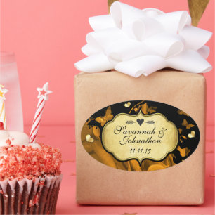 Sticker Ovale Roses Gold Heart & Papillons Mariage Seal