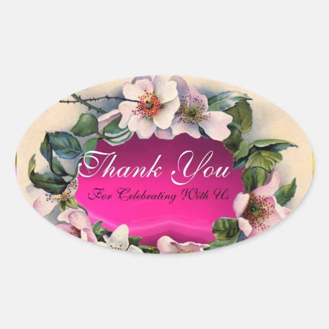 Sticker Ovale Roses SAUVAGES AVEC PIERRE DE GEM DE FUCHSIA ROSE, (Devant)