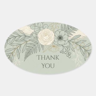 Sticker Ovale Sage Line Art Floral Merci