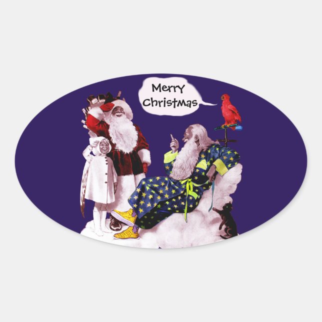 Sticker Ovale SANTA CLAUS, PETITE ANGEL & MERLIN Noël (Devant)