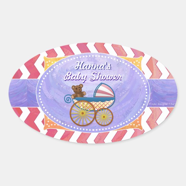 Sticker Ovale Saumon Swirl Pink Chevron Baby shower (Devant)