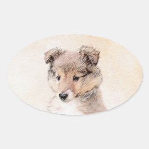 Sticker Ovale Shetland Sheepdog Puppy Peinture Chien original ar