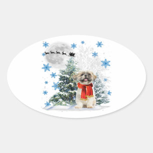 Sticker Ovale Shih Tzu sapin de Noël Drôle Noël de neige