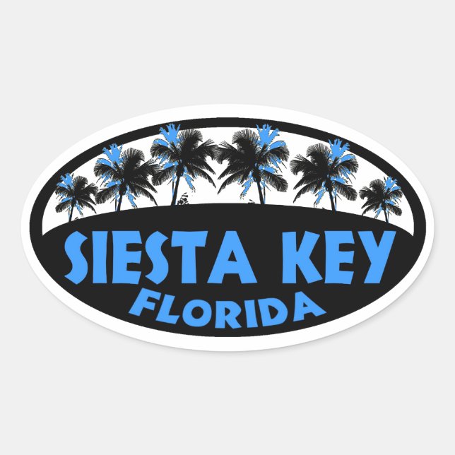 Sticker Ovale Siesta Key Florida bleu palmiers noirs (Devant)