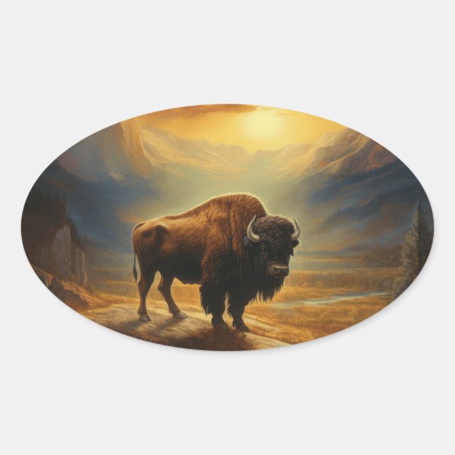 Sticker Ovale Silhouette du coucher de soleil de bison de buffle (Devant)