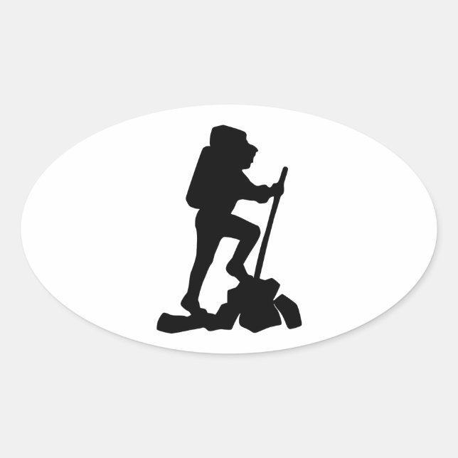Sticker Ovale Silhouette d'un Randonnée de randonneur en haut d' (Devant)
