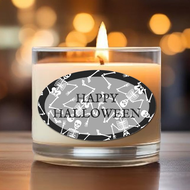 Sticker Ovale Skeletons Halloween heureux (Happy Halloween and skeletons on black oval stickers)