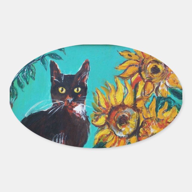 STICKER OVALE SOUCHES AVEC CHAT NOIR EN TURQUOISE BLEUE (Devant)