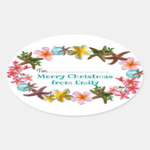 Sticker Ovale Starfish n Plumeria Fleurs frontière de Noël