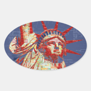 Sticker Ovale Statue de la Liberté avec 4 juillet nuage de mots