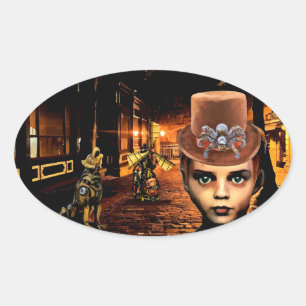 Sticker Ovale Steampunk Boy And Robot Dog sci fi imaginaire art