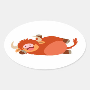 Sticker Ovale Stick à vache Highland Cartoon