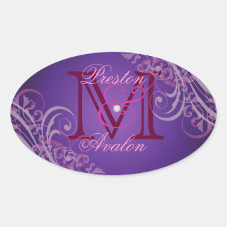Sticker Ovale Stick violet Monogramme rose exquis