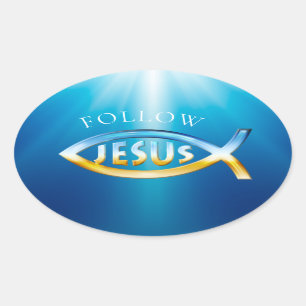 Sticker Ovale Suivre Jésus - Symbole du poisson chrétien Ciel 