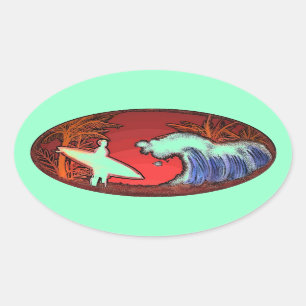 Sticker Ovale Surfer vagues mer vert de la plage d'art de scène 