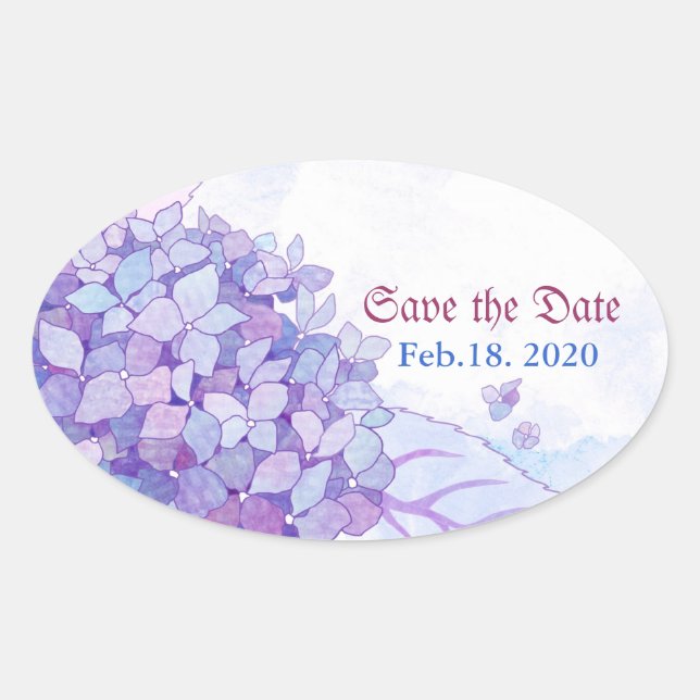Sticker Ovale Sweet Purple Hydrangea Mariage Enregistrer la date (Devant)