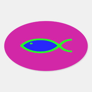 Sticker Ovale Symbole chrétien de poissons - FORT ! Bleu et ver