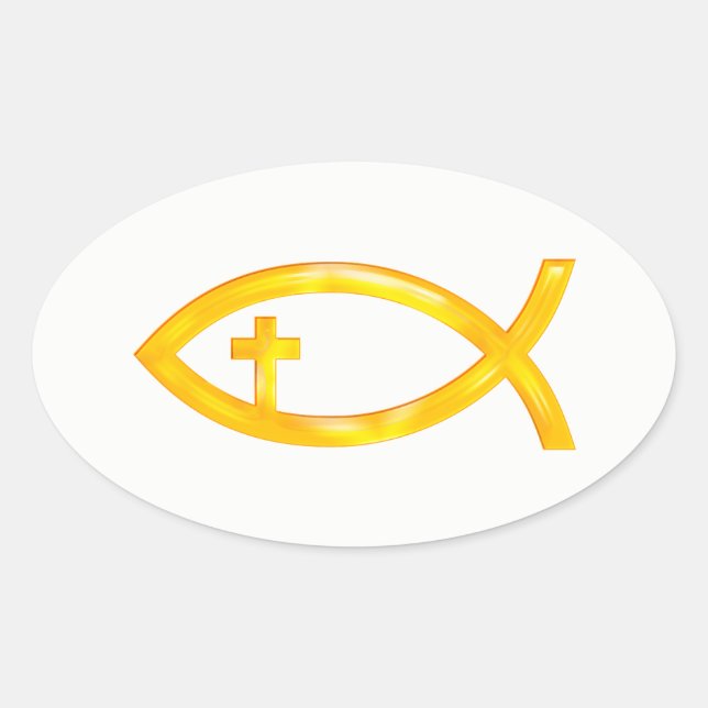 Sticker Ovale Symbole de poisson chrétien d'or avec Crucifix (Devant)