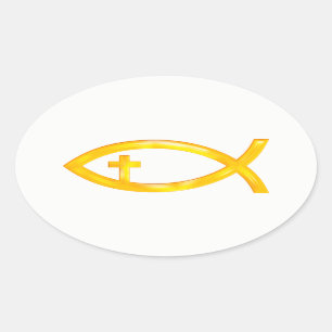 Sticker Ovale Symbole de poisson chrétien d'or avec Crucifix