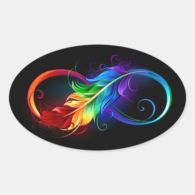 Sticker Ovale Symbole d'infini avec plume arc-en-ciel (Devant)