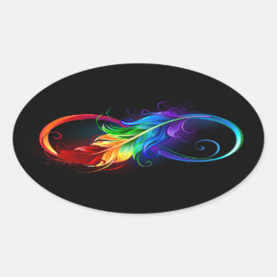 Sticker Ovale Symbole d'infini avec plume arc-en-ciel