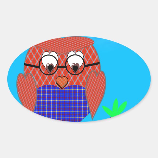 Sticker Ovale Tartan et Chouette des Coeurs (Devant)
