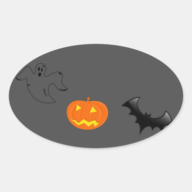 Sticker Ovale tête citrouille, chauve-souris et fantôme sur gris (Devant)