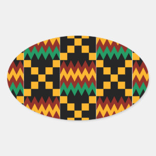 Sticker Ovale Tissu Kente noir, vert, rouge et jaune