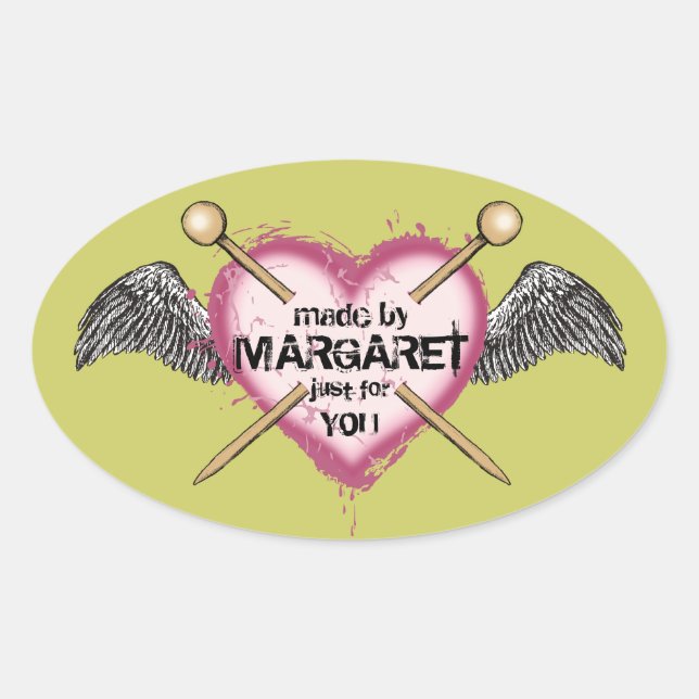 Sticker Ovale Tricot couleur personnalisée aiguilles coeur ailes (Devant)