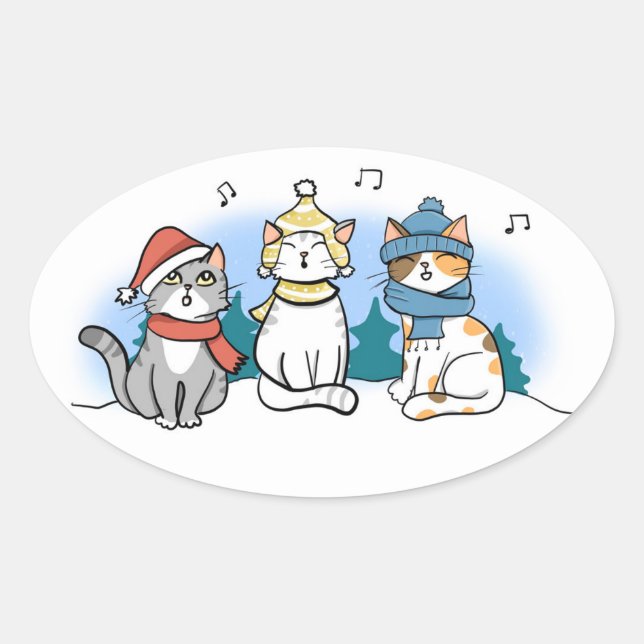 Sticker Ovale Trois chats chantent des chants de Noël dans le cl (Devant)