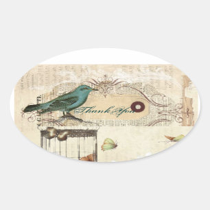 Sticker Ovale Turquoise Bird vintage fleuri mariage botanique