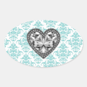 Sticker Ovale Turquoise Damask Coeur Enveloppe Sceau Fête Favori