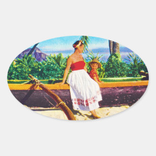 Sticker Ovale Vacances vintages hawaïennes