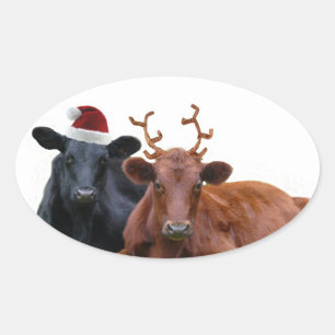 Sticker Ovale Vaches de Noël à Santa Hat et Antlers