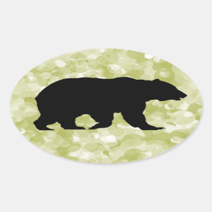 Sticker Ovale Vert chiné par silhouette noire d'ours gris