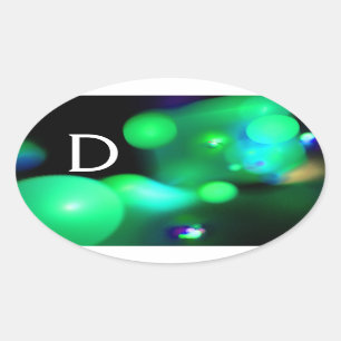 STICKER OVALE VERT TURQUOISE BLEU FRACTAL BUBBLES MONOGRAMME