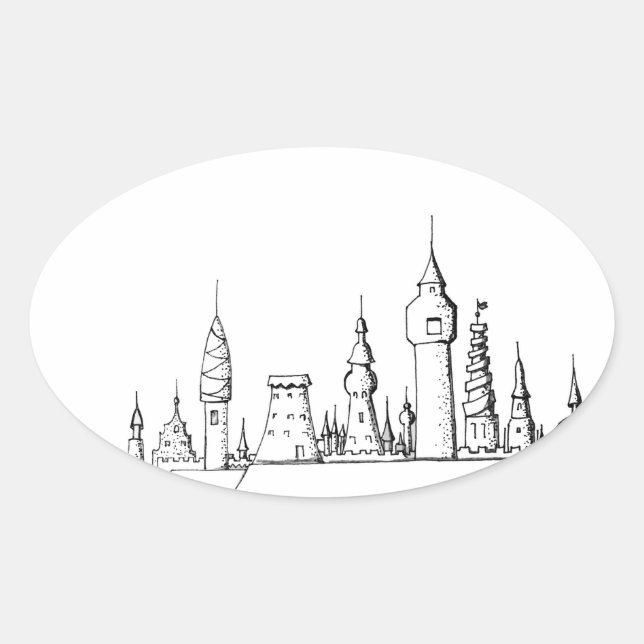 Sticker Ovale ville fabuleuse . artwork . noir et blanc (Devant)