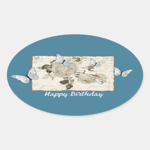 Sticker Ovale Vintage avec papillons