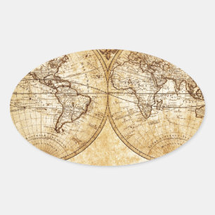 Sticker Ovale Vintage, élégant, globe rustique, atlas carte brun